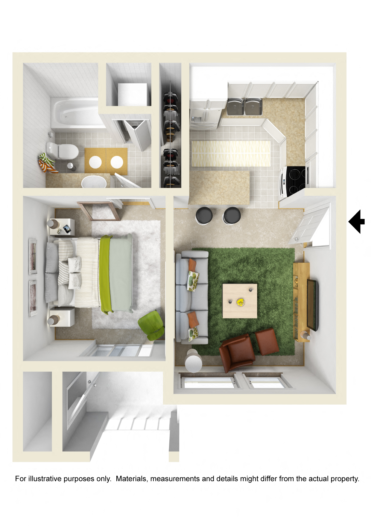 Floor plan for 1 bed, 1 bath, 457 sqft